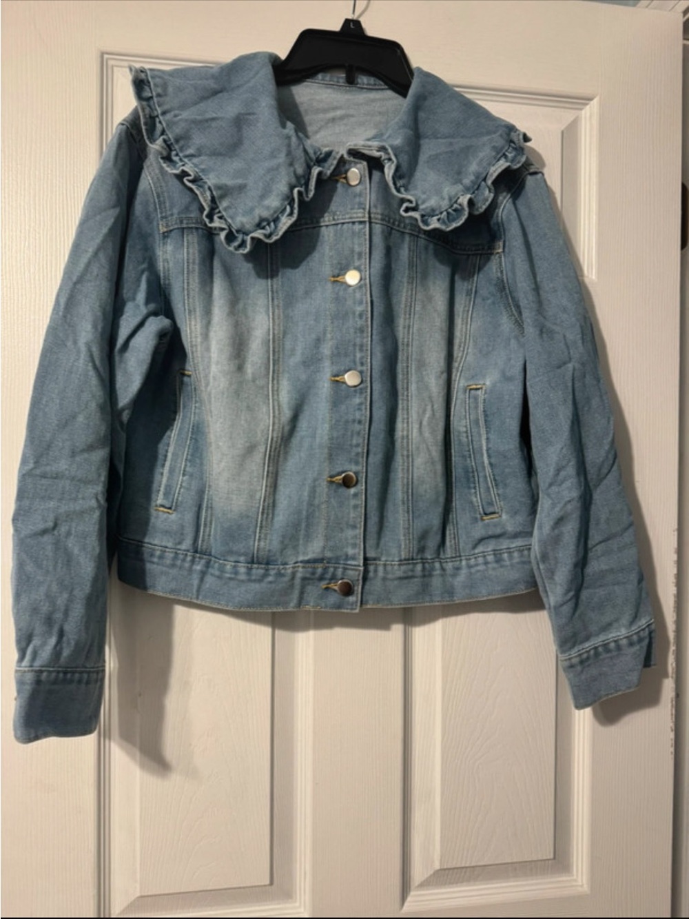 Light Blue Denim Jacket with Ruffle Collar